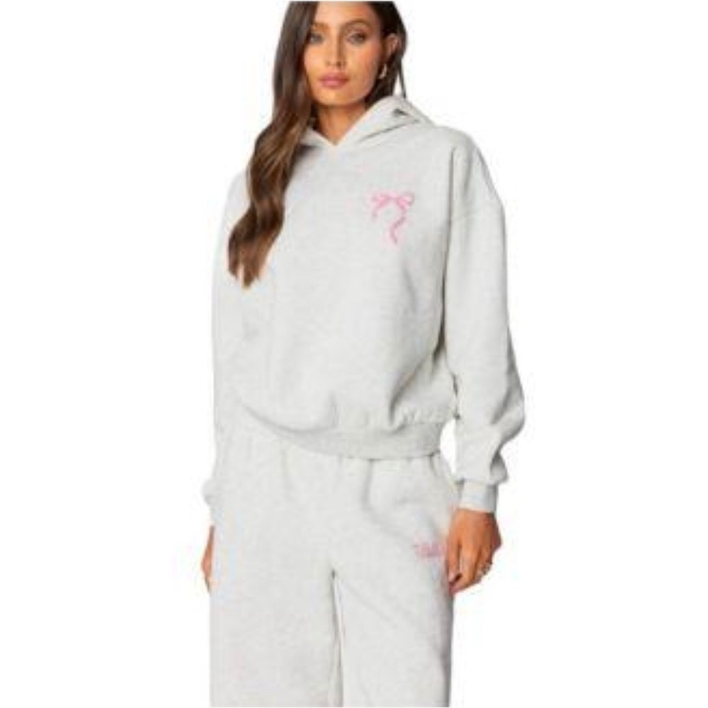 Edikted Sasha Bow Detail Hoodie Gray Melange Pink Bow NWT S